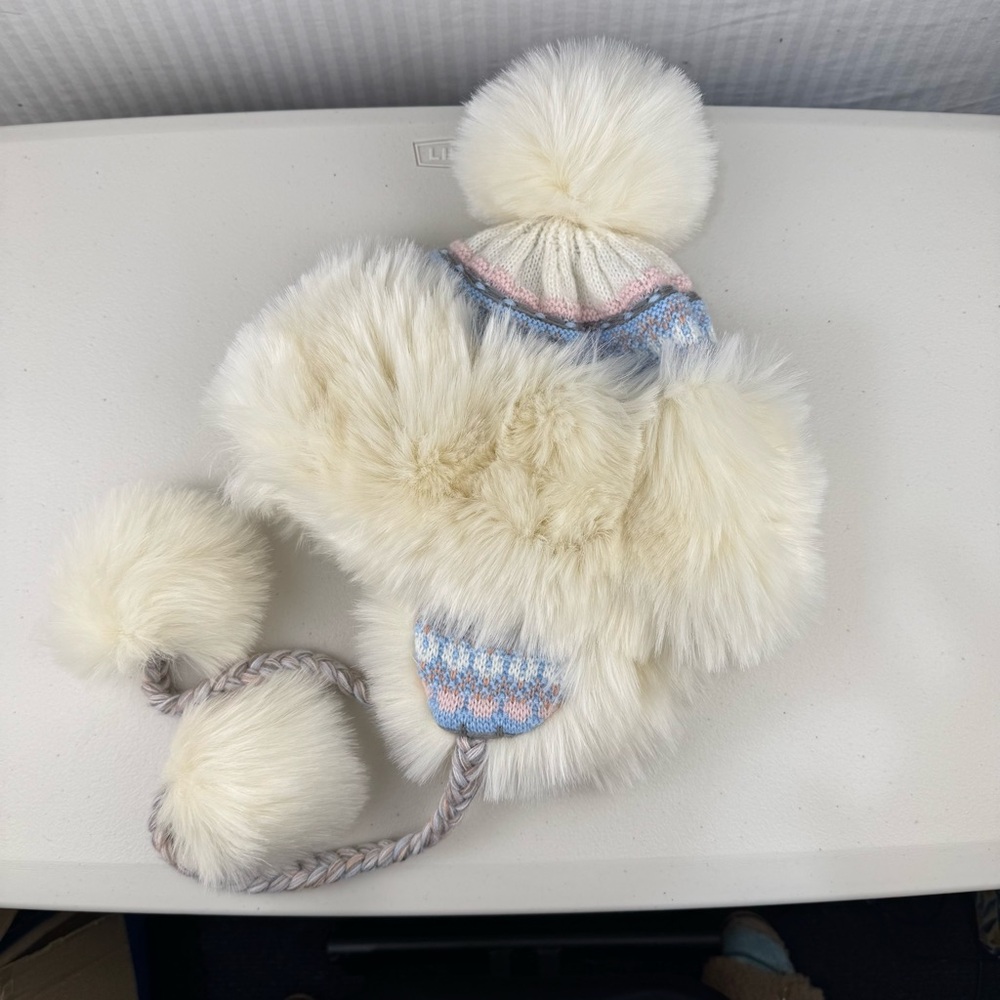Free People Cream Faux Fur Pom Trapper Hat with Pastel Knit Accents